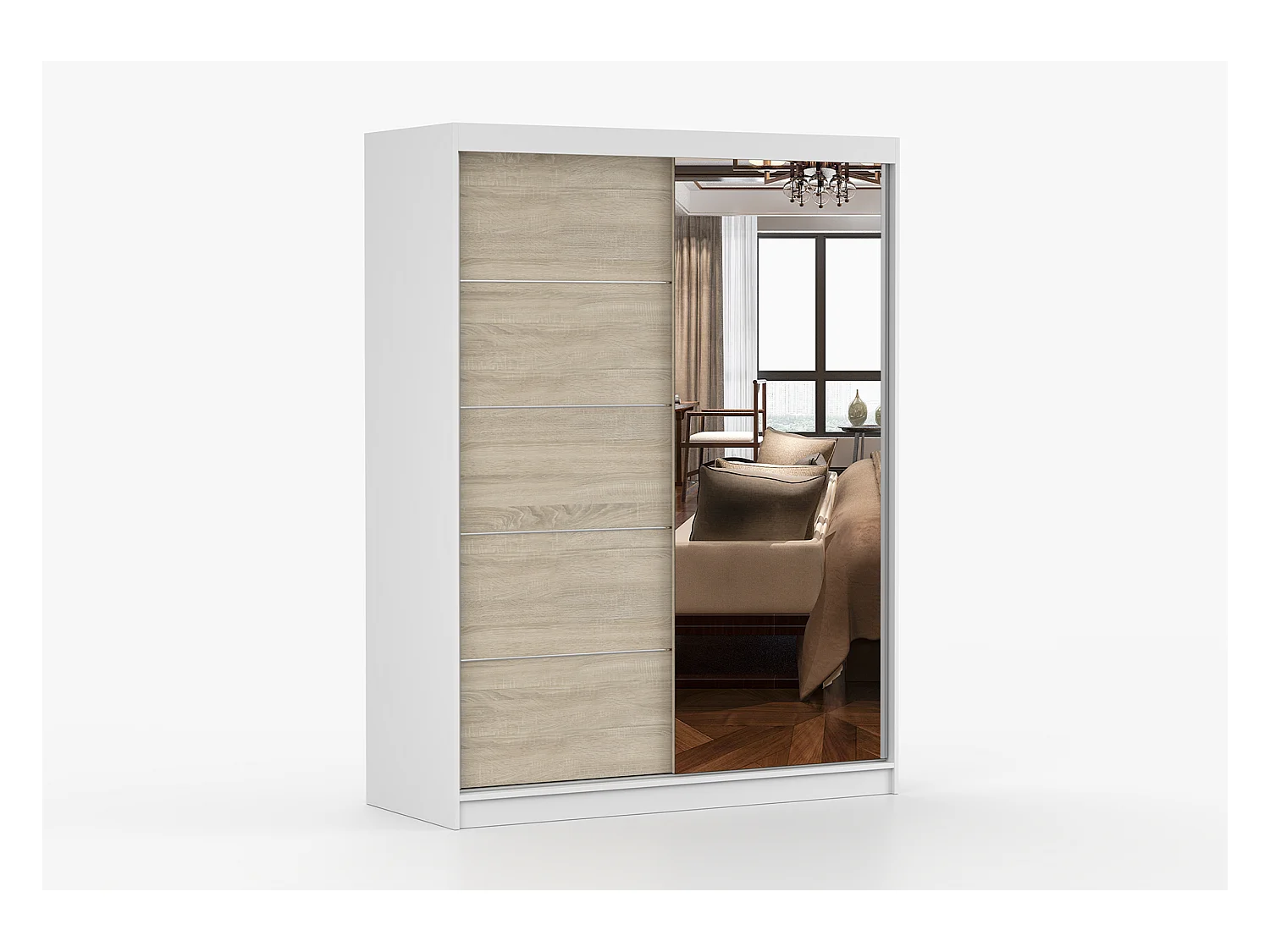 Armoire Vaiana 150 cm avec miroir - Blanc - Chêne