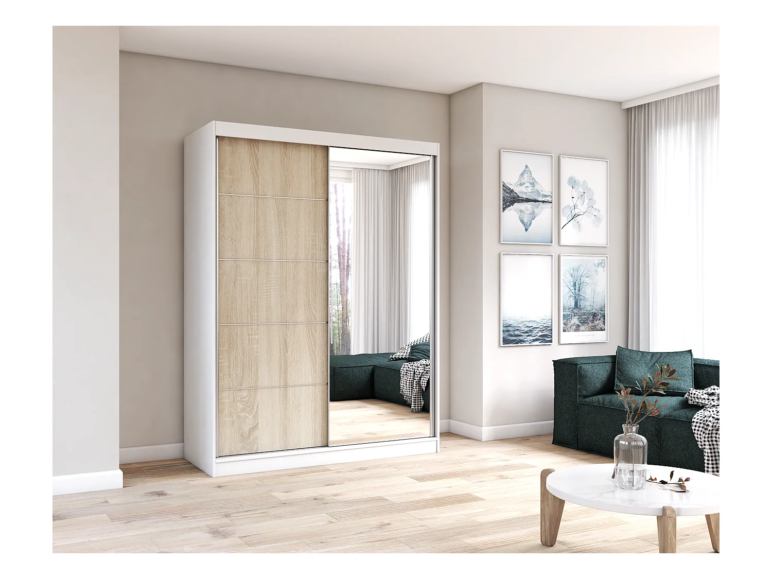 Armoire Vaiana 150 cm avec miroir - Blanc - Chêne