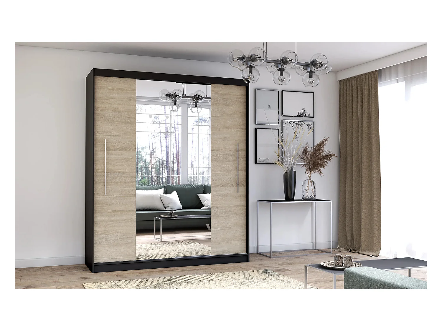 Armoire Eireen I 203 cm avec miroir - Noir - Chêne