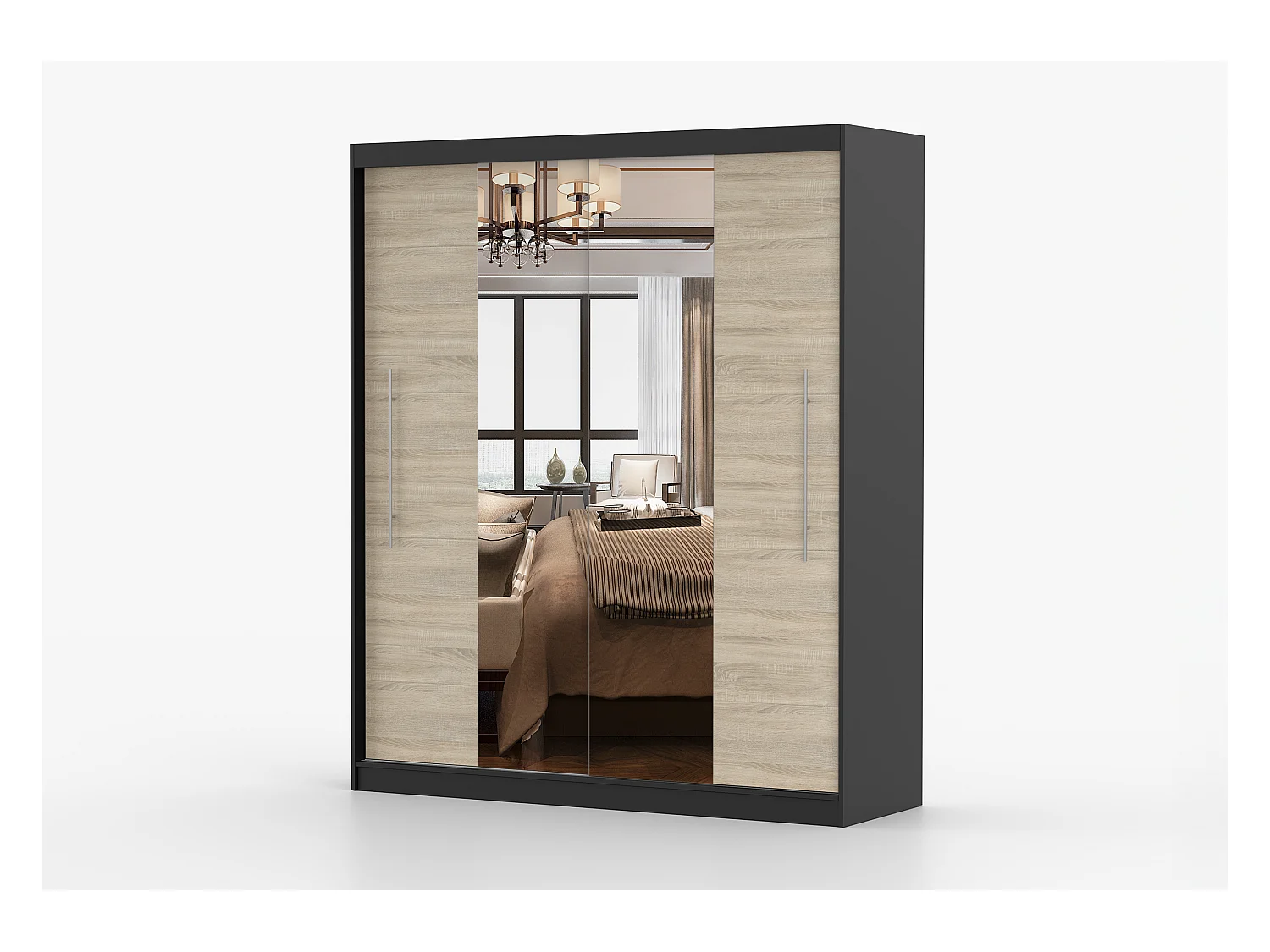Armoire Eireen I 203 cm avec miroir - Noir - Chêne