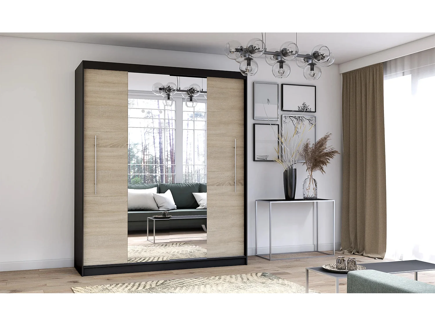 Armoire Eireen I 203 cm avec miroir - Noir - Chêne