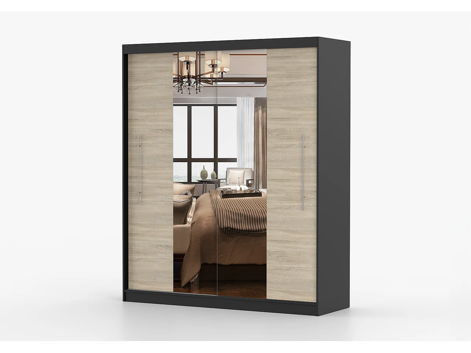 Armoire Eireen I 203 cm avec miroir - Noir - Chêne