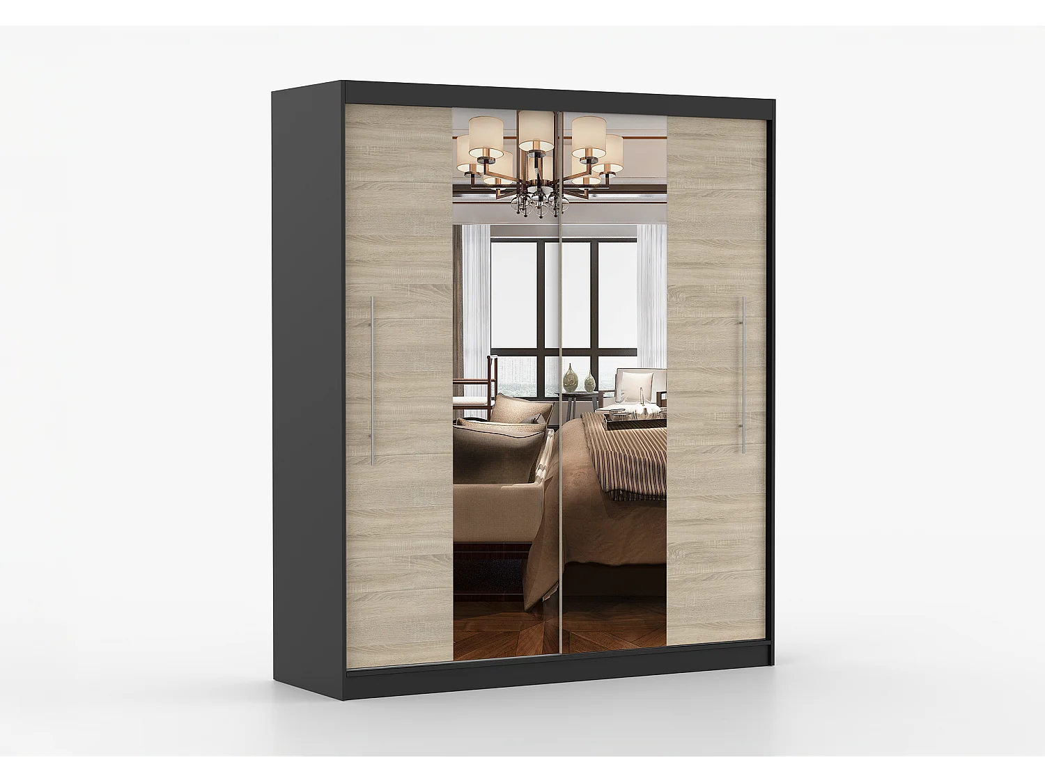 Armoire Eireen I 203 cm avec miroir - Noir - Chêne
