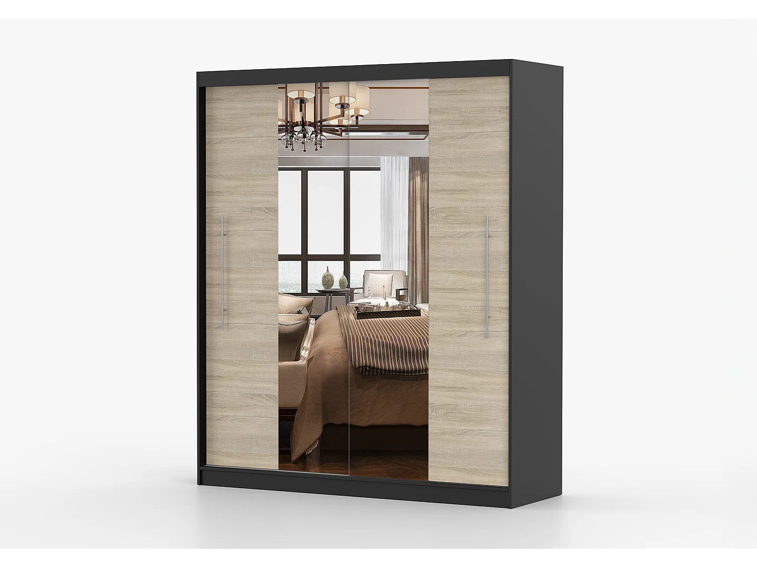 Armoire Eireen I 203 cm avec miroir - Noir - Chêne