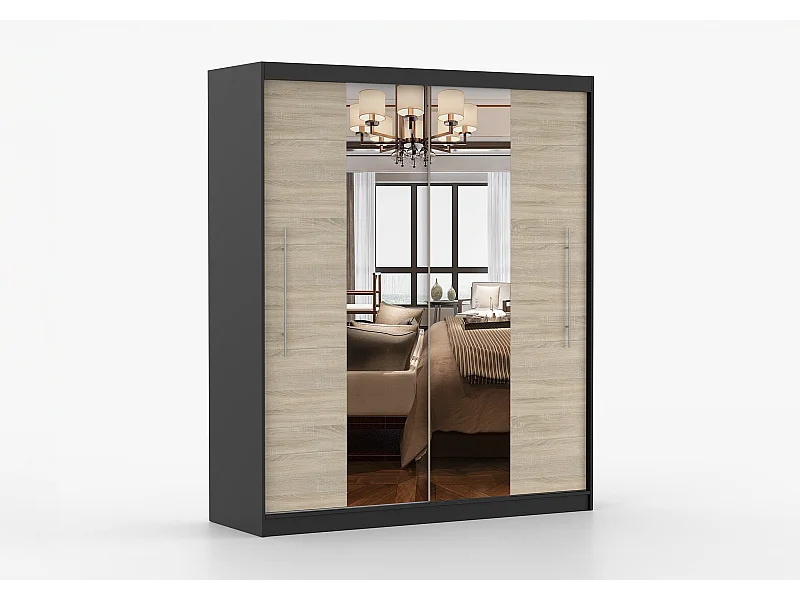 Armoire Eireen I 203 cm avec miroir - Noir - Chêne
