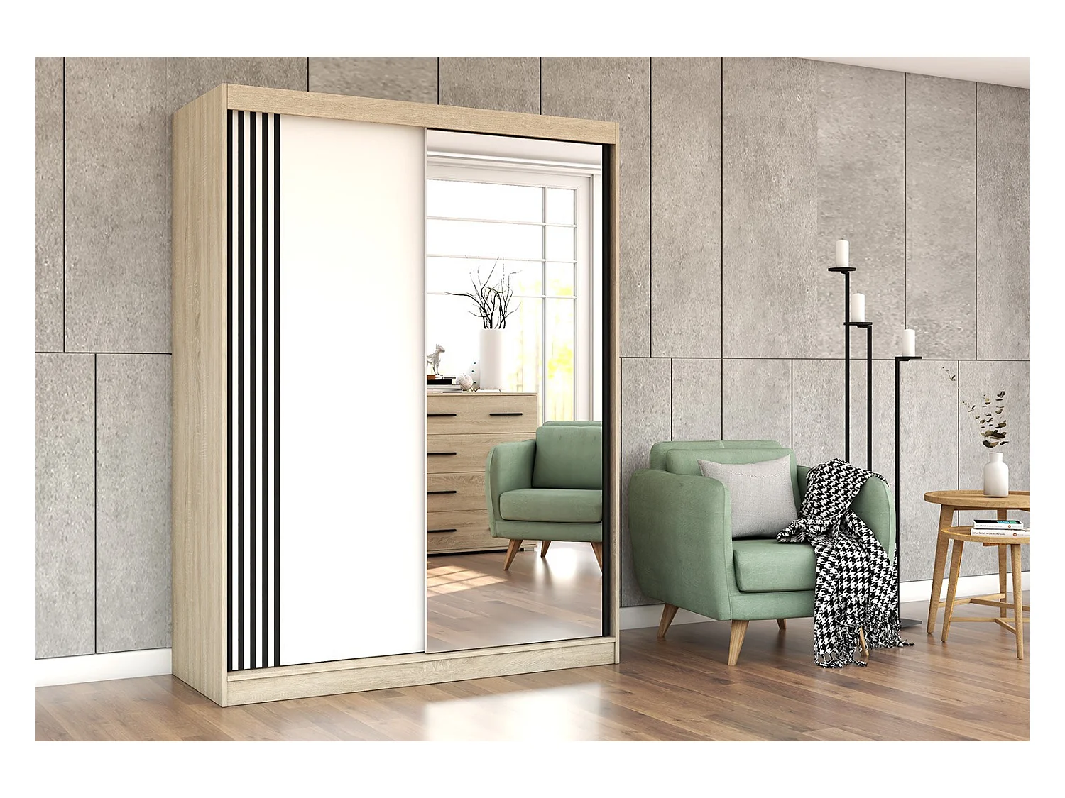 Armoire Elowen 150 cm avec miroir - Chêne - Blanc