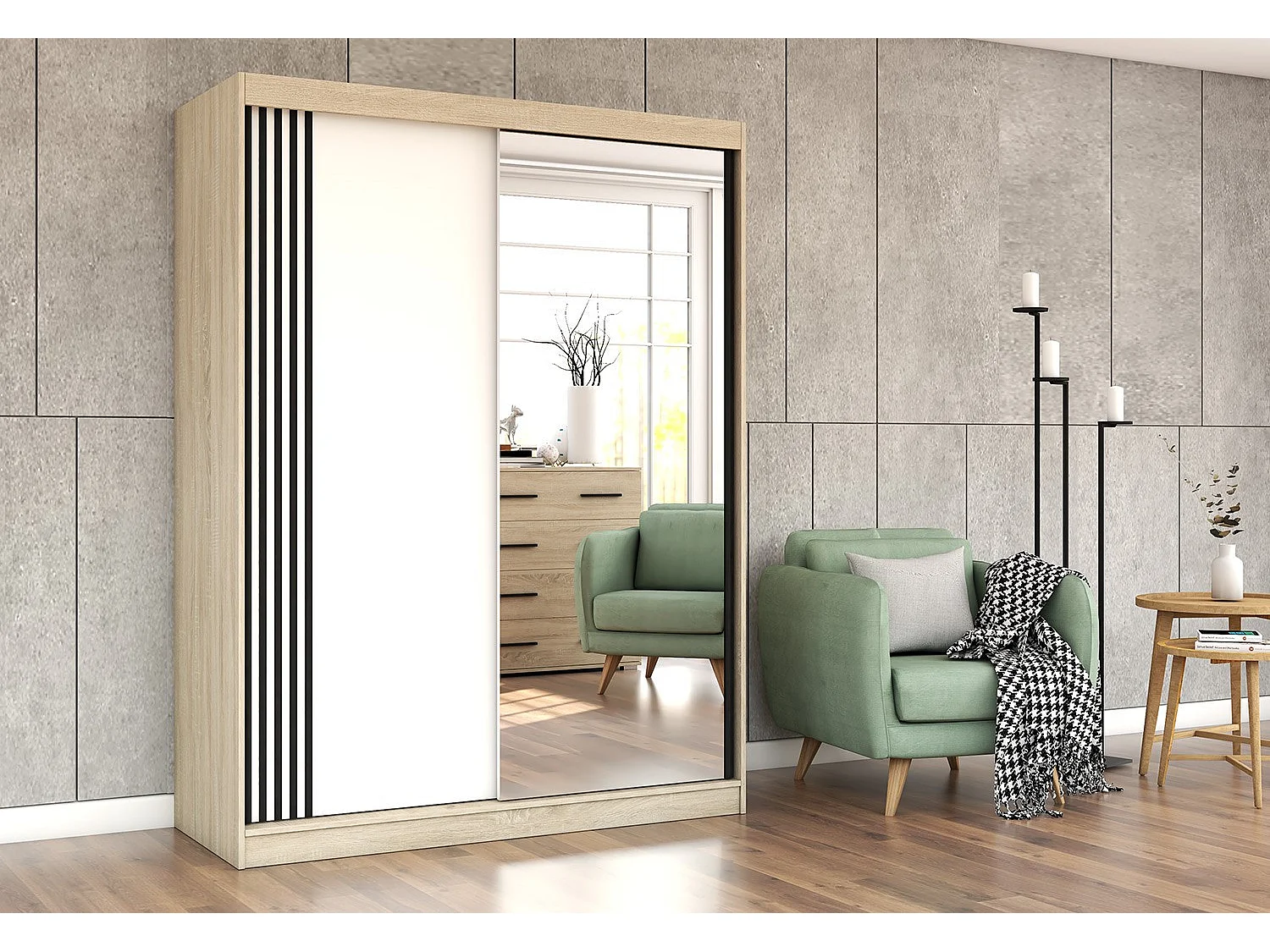 Armoire Elowen 150 cm avec miroir - Chêne - Blanc