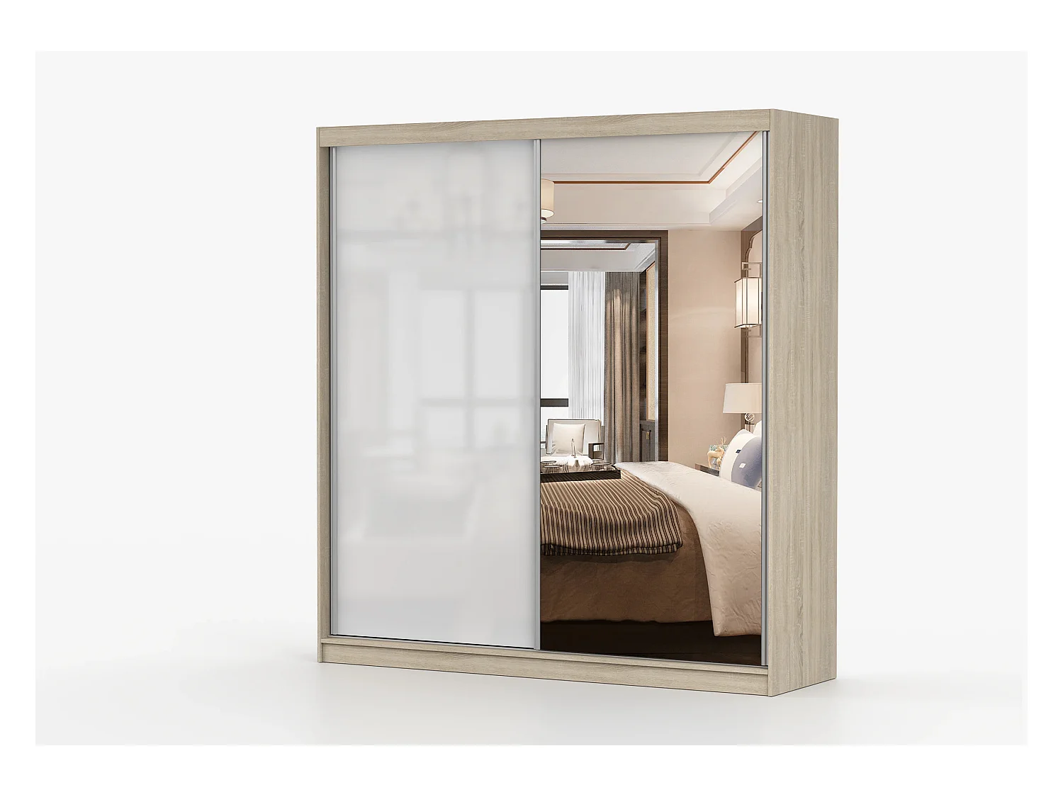 Armoire Orphée 203 cm avec miroir - Chêne - Blanc