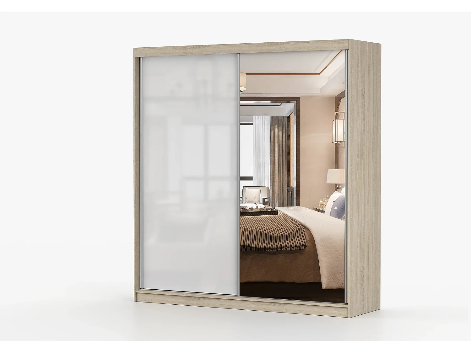 Armoire Orphée 203 cm avec miroir - Chêne - Blanc