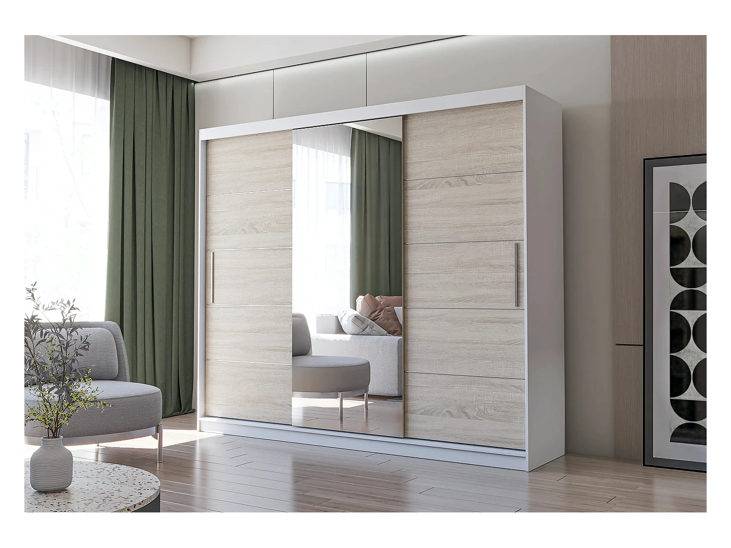 Armoire Théana avec miroir 250 cm - Blanc - Chêne