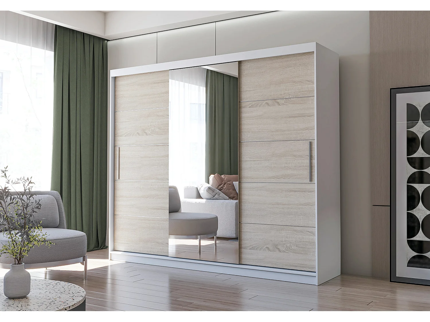 Armoire Théana avec miroir 250 cm - Blanc - Chêne