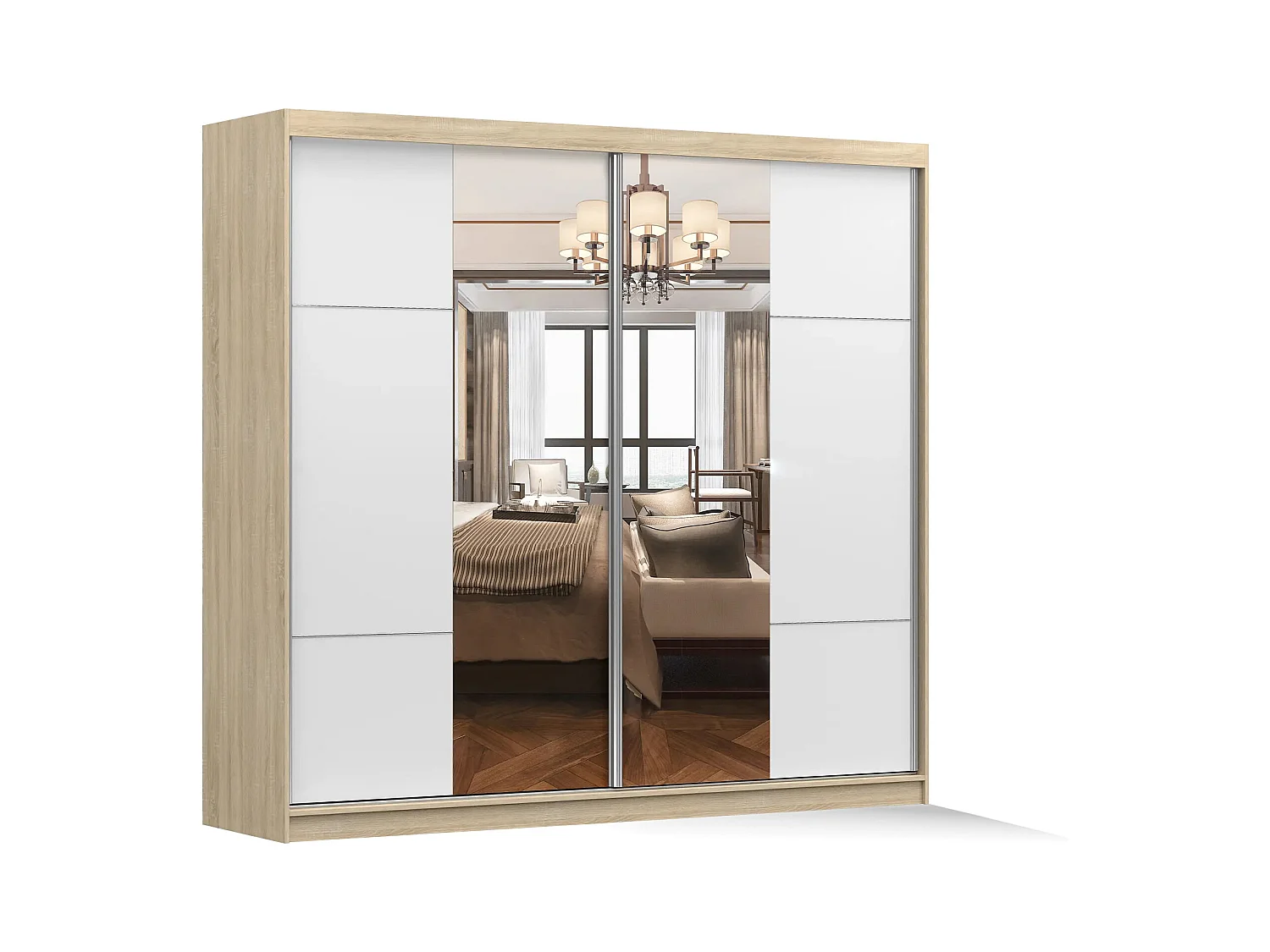 Armoire Azénor 233 cm avec miroir - Chêne - Blanc
