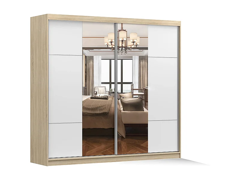 Armoire Azénor 233 cm avec miroir - Chêne - Blanc