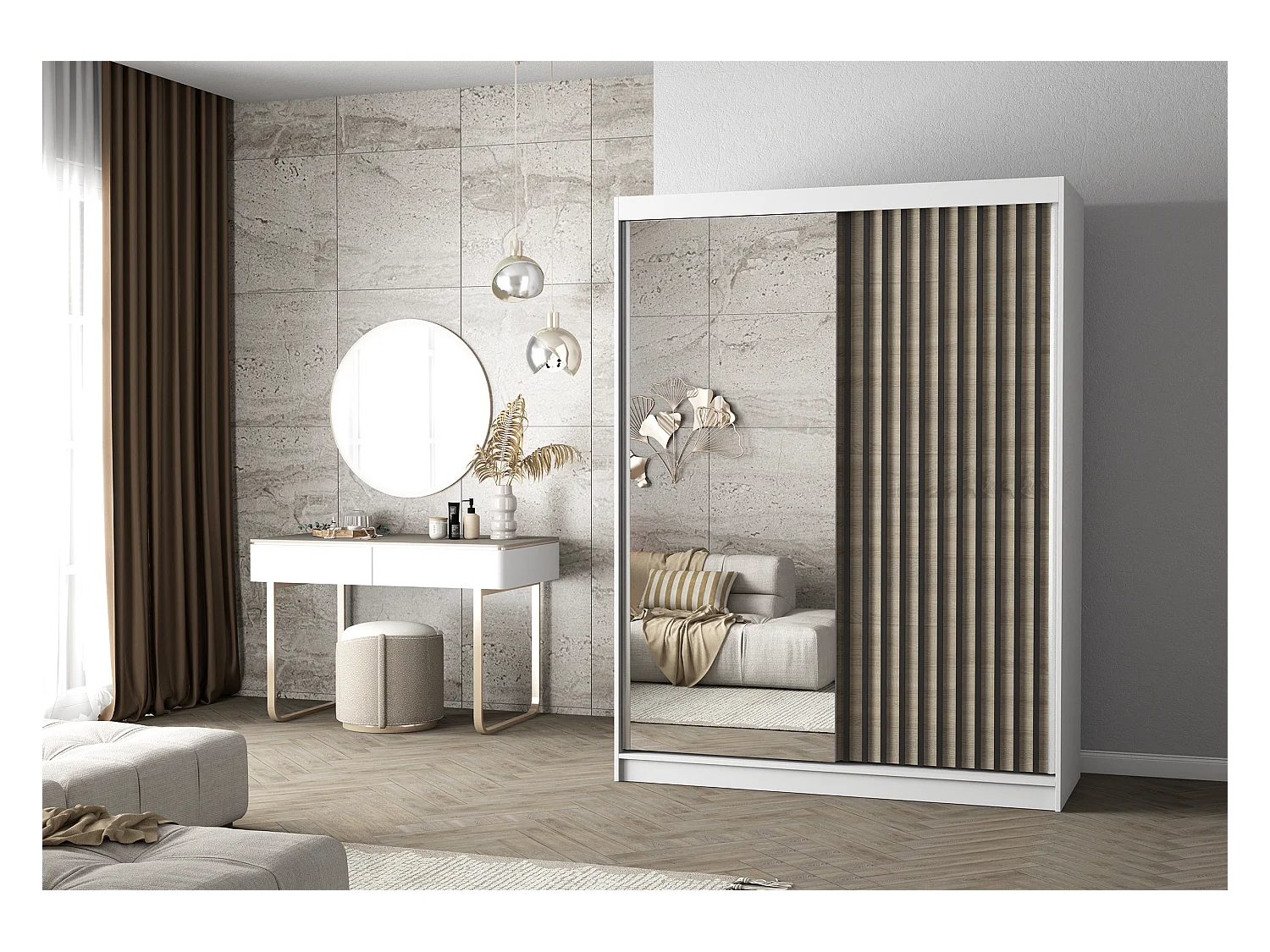 Armoire Auriane 150cm avec miroir - Blanc - Noir