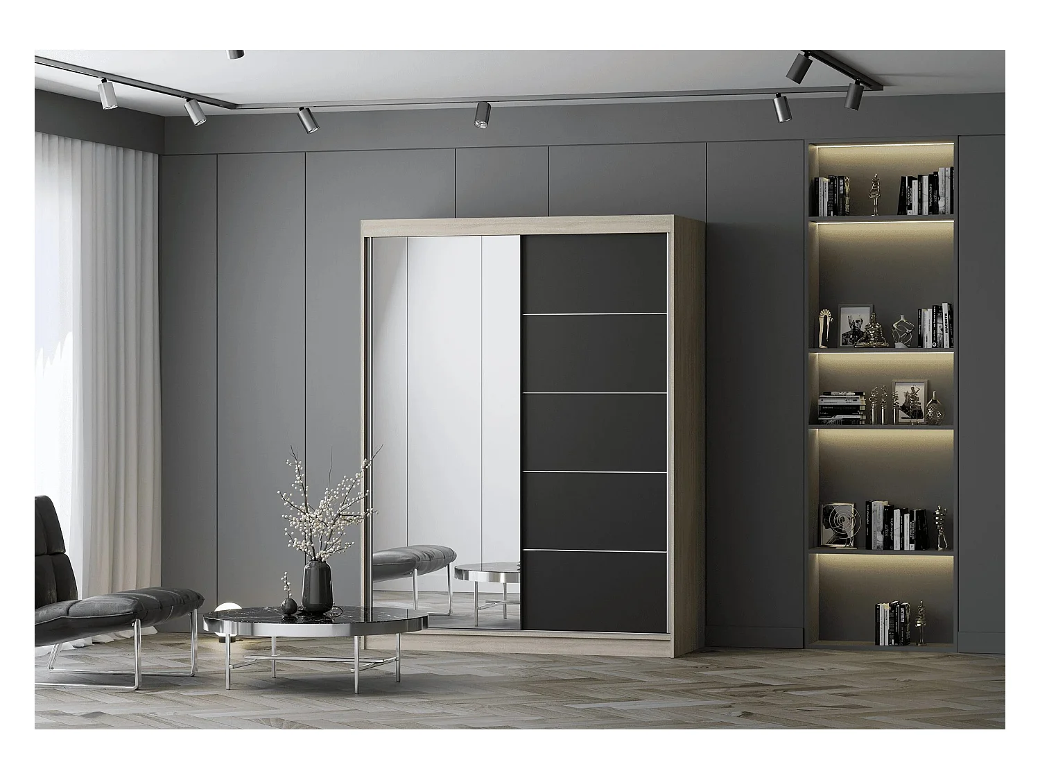 Armoire Irinaé 150 cm avec miroir - Chêne - Noir
