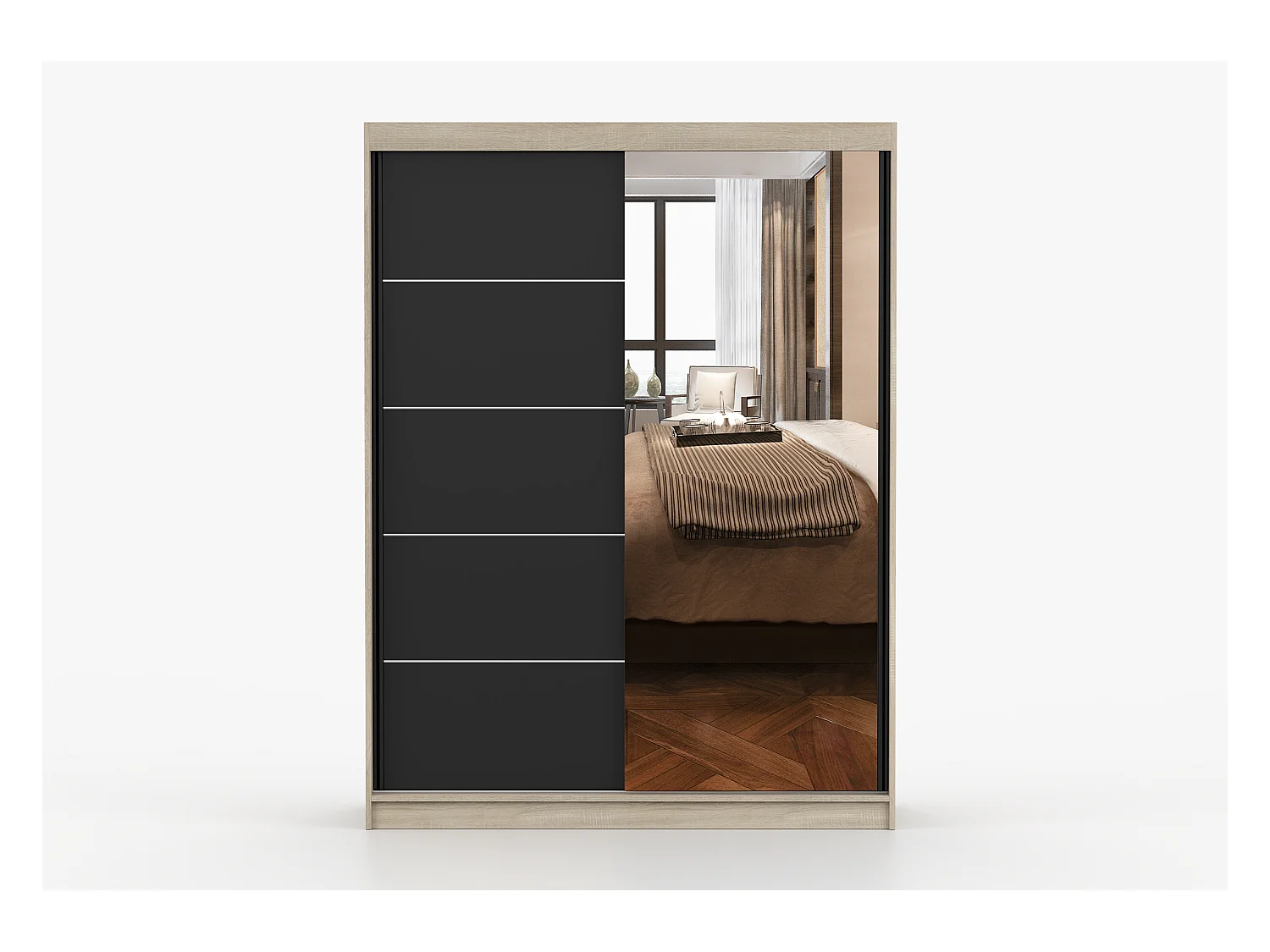 Armoire Irinaé 150 cm avec miroir - Chêne - Noir
