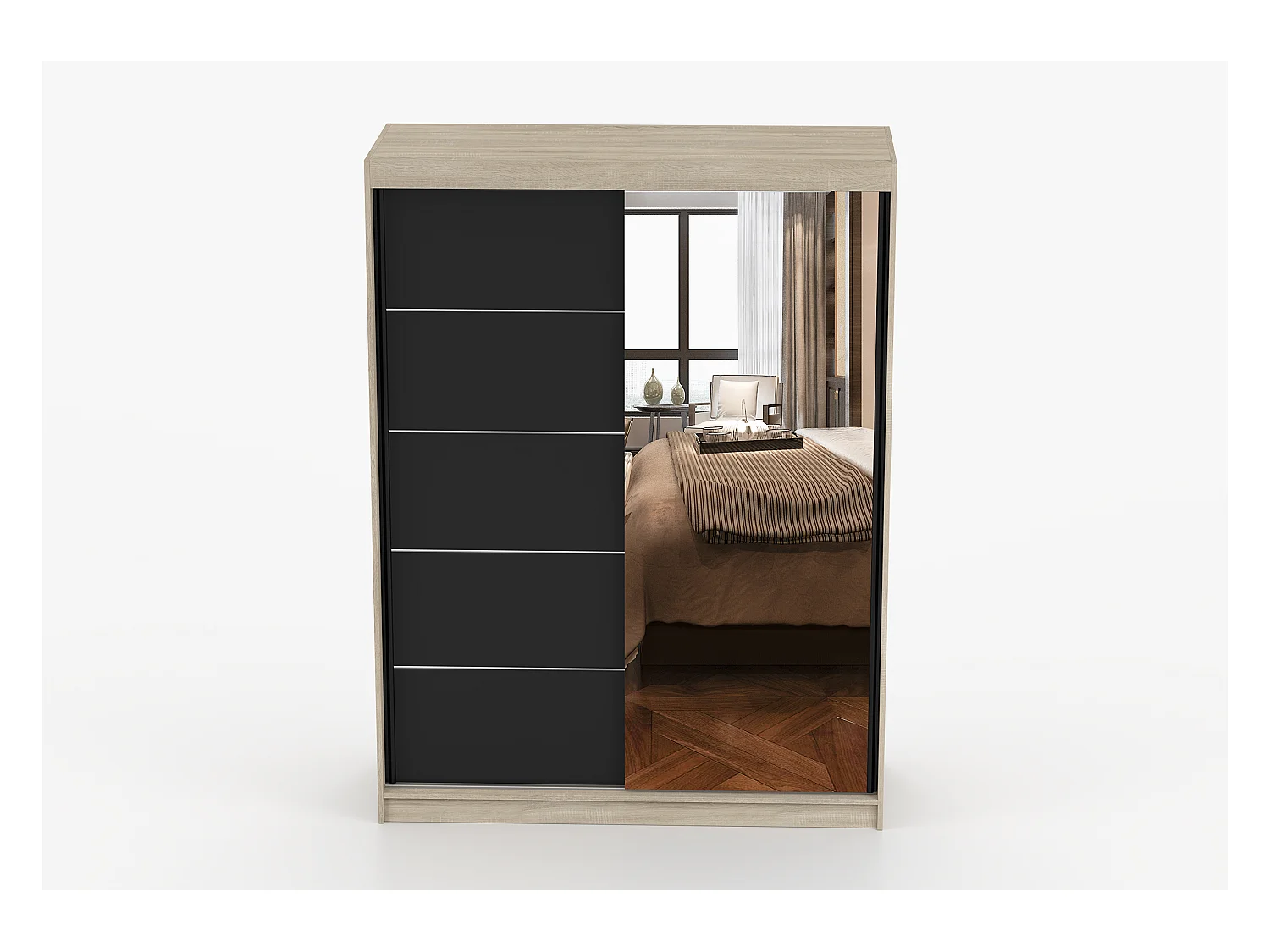 Armoire Irinaé 150 cm avec miroir - Chêne - Noir