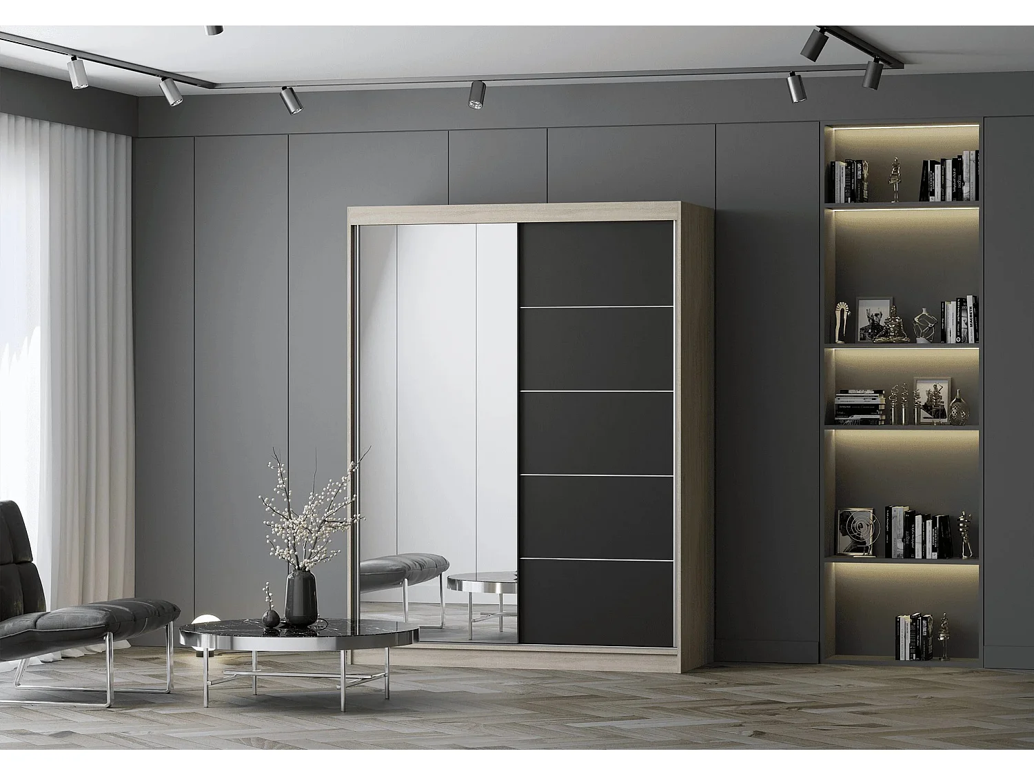 Armoire Irinaé 150 cm avec miroir - Chêne - Noir