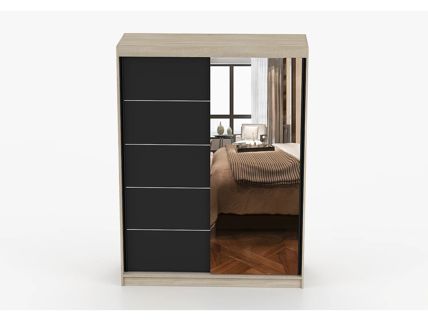 Armoire Irinaé 150 cm avec miroir - Chêne - Noir