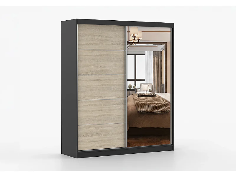 Armoire Ysalis 183 cm avec miroir - Noir - Chêne