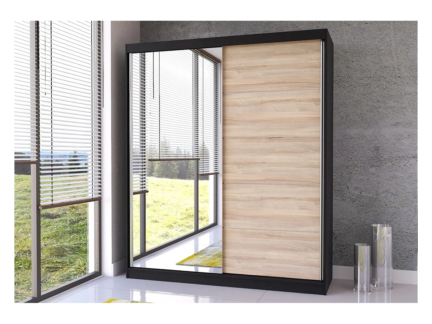 Armoire Ysalis 183 cm avec miroir - Noir - Chêne