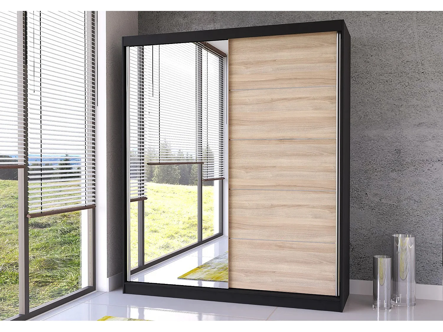 Armoire Ysalis 183 cm avec miroir - Noir - Chêne