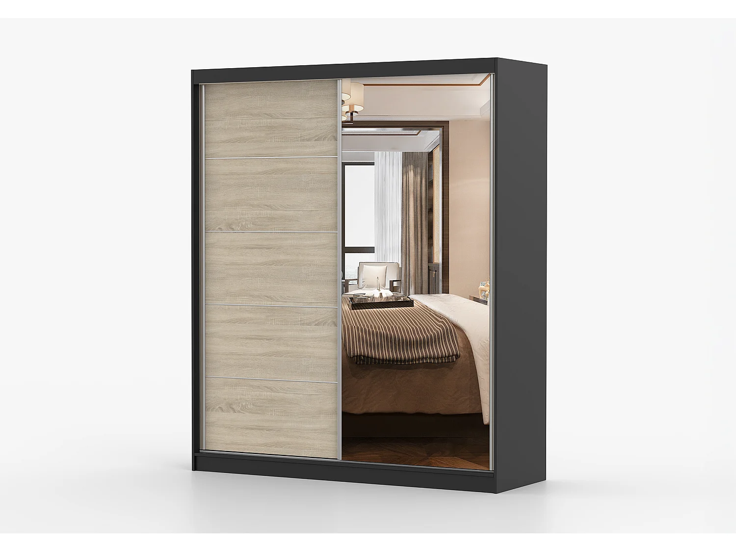 Armoire Ysalis 183 cm avec miroir - Noir - Chêne