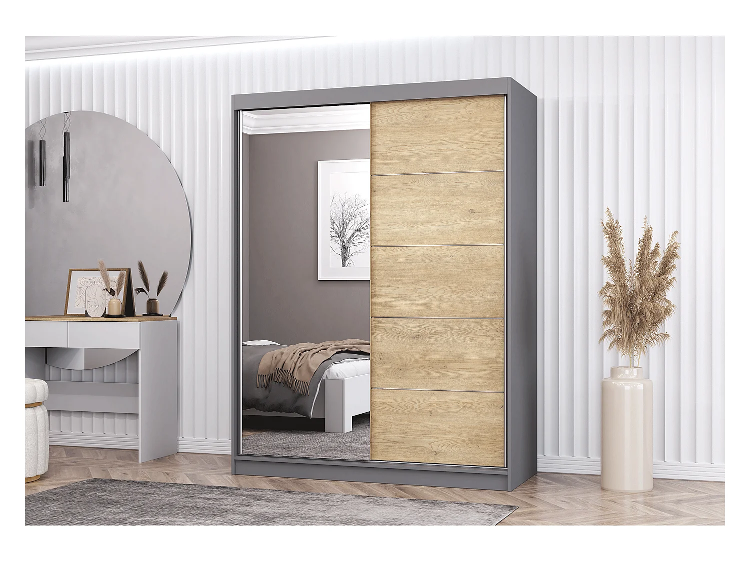 Armoire Aileen 150 cm avec miroir - Gris - Chêne crémone