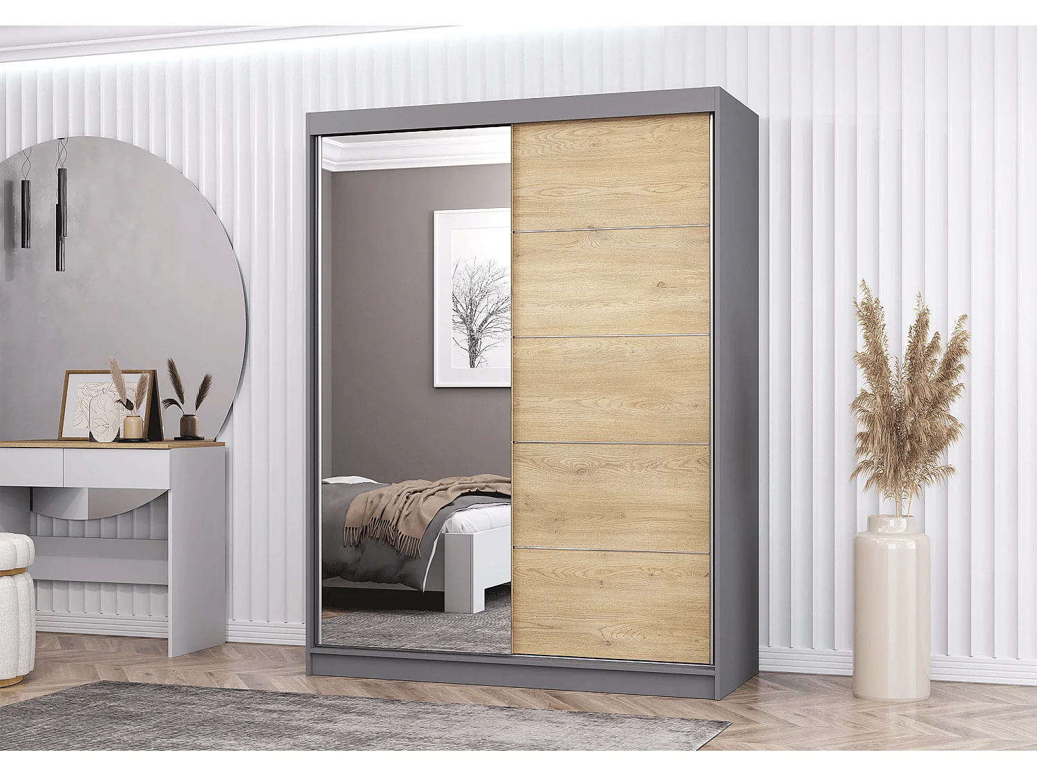 Armoire Aileen 150 cm avec miroir - Gris - Chêne crémone