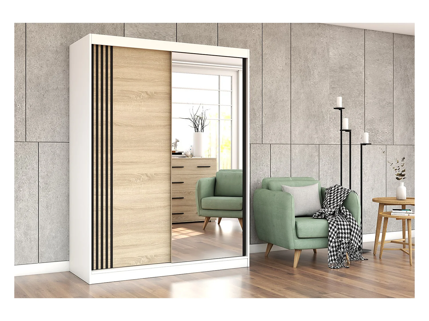 Armoire Elowen 150 cm avec miroir - Blanc - Chêne
