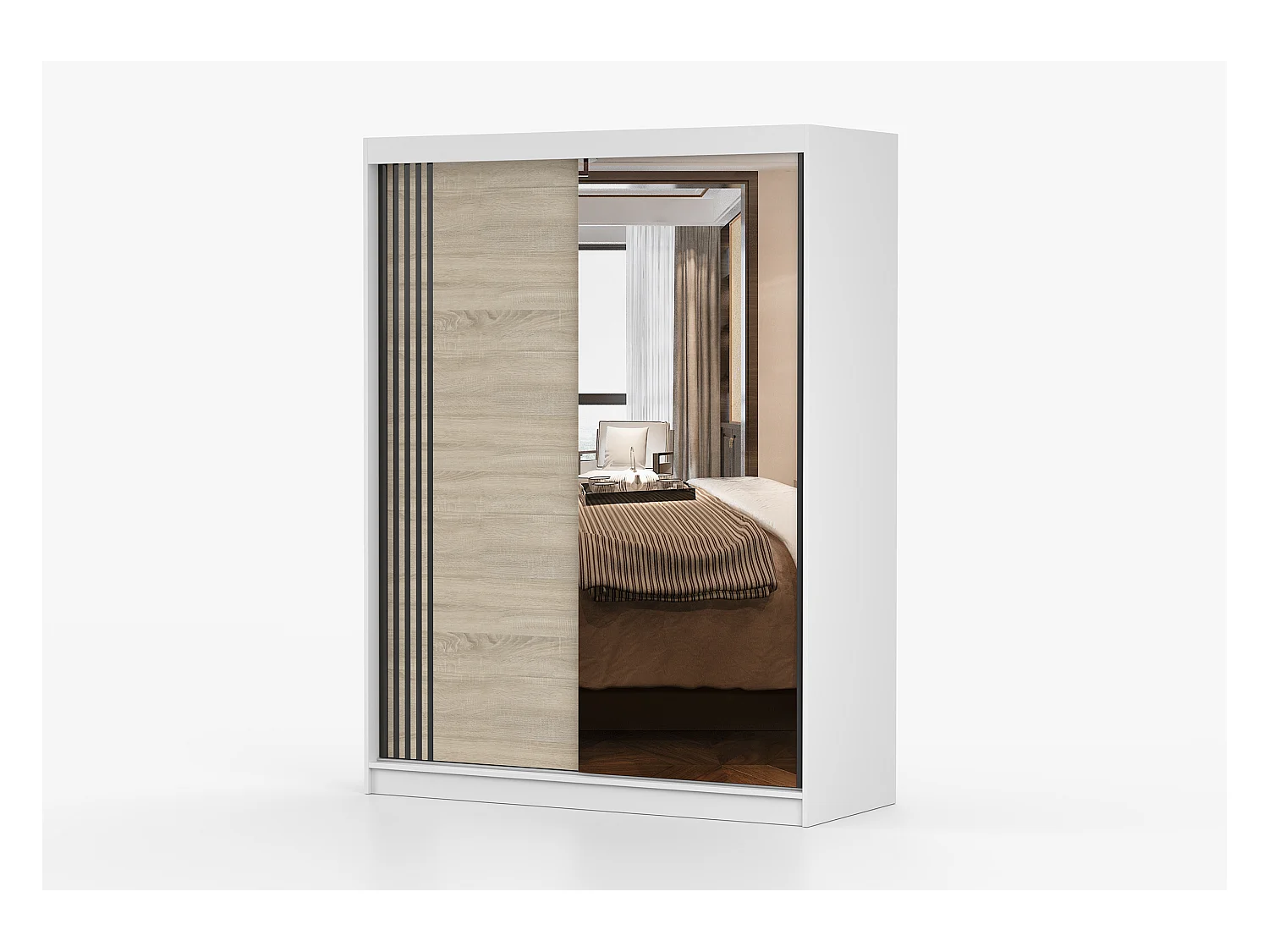 Armoire Elowen 150 cm avec miroir - Blanc - Chêne