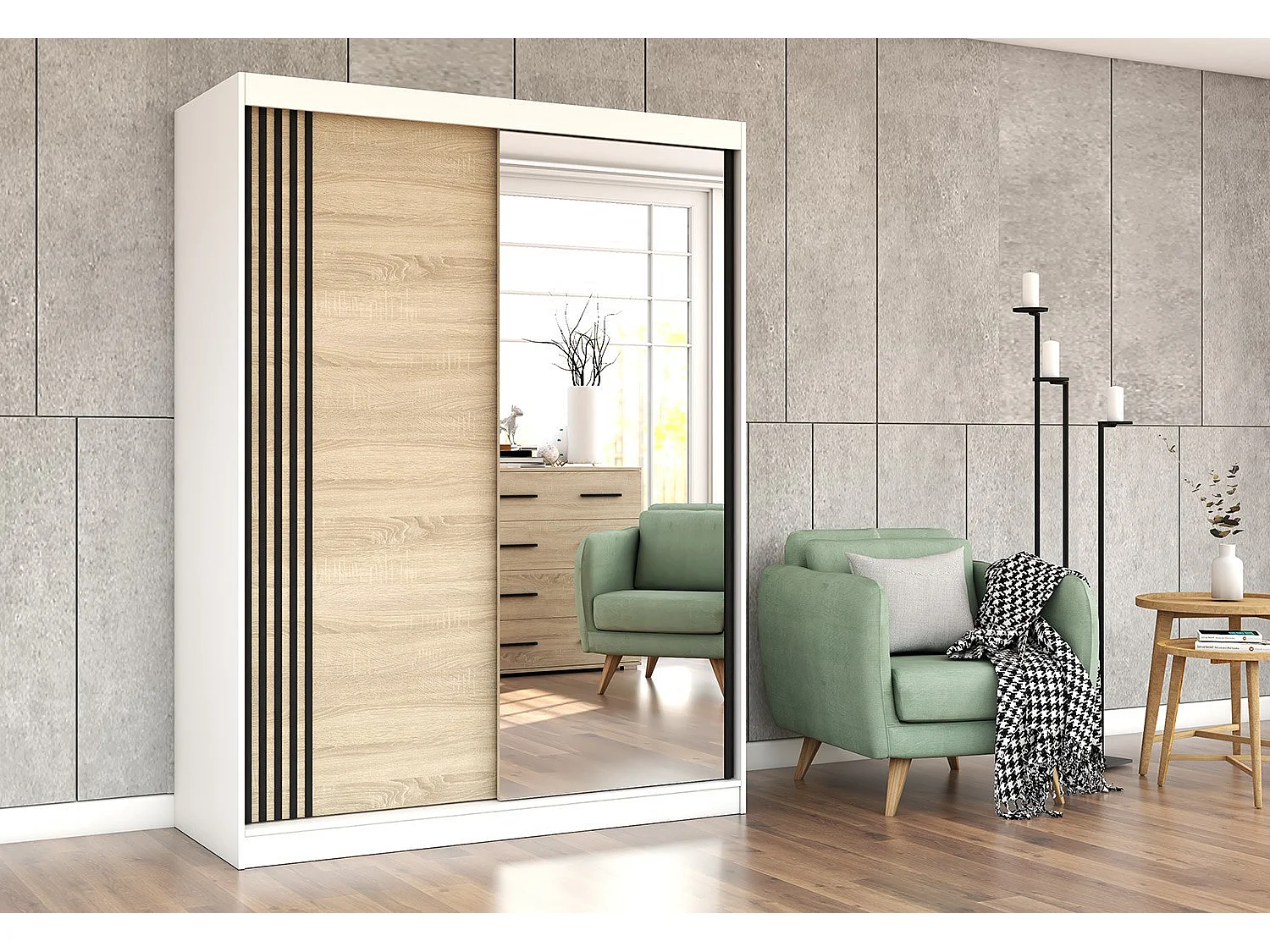 Armoire Elowen 150 cm avec miroir - Blanc - Chêne