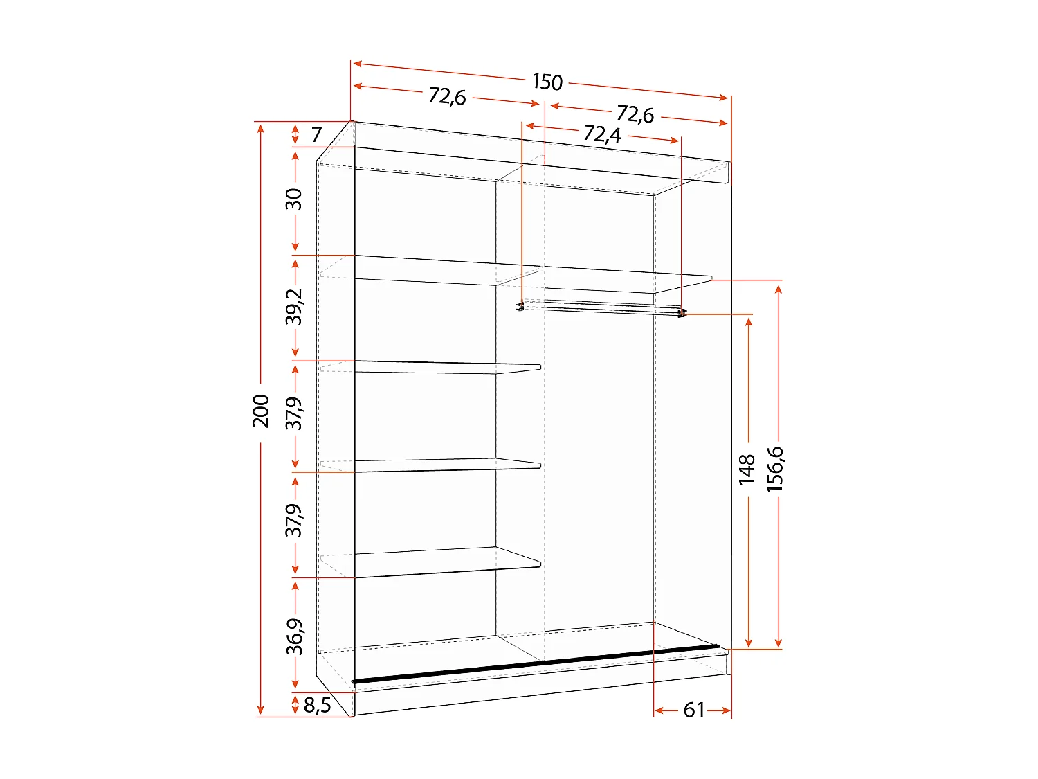 Armoire Elowen 150 cm avec miroir - Blanc - Chêne