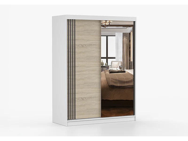 Armoire Elowen 150 cm avec miroir - Blanc - Chêne