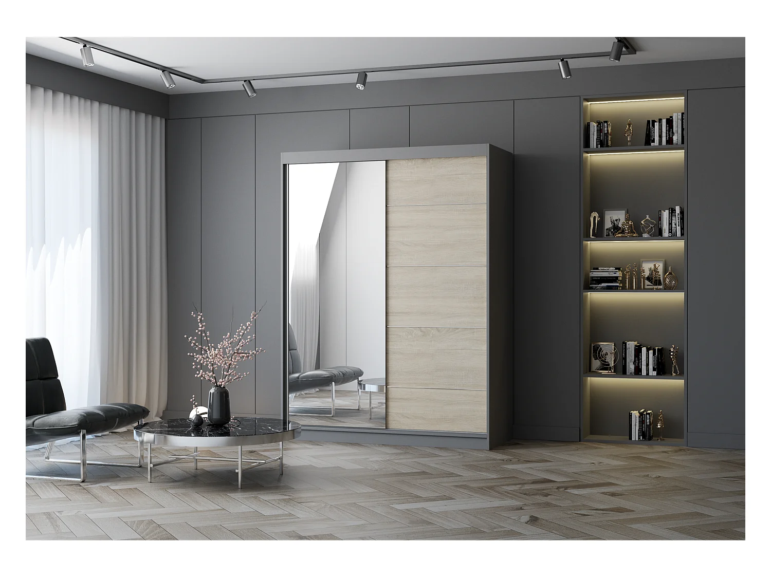 Armoire Vaiana 150 cm avec miroir - Gris - Chêne