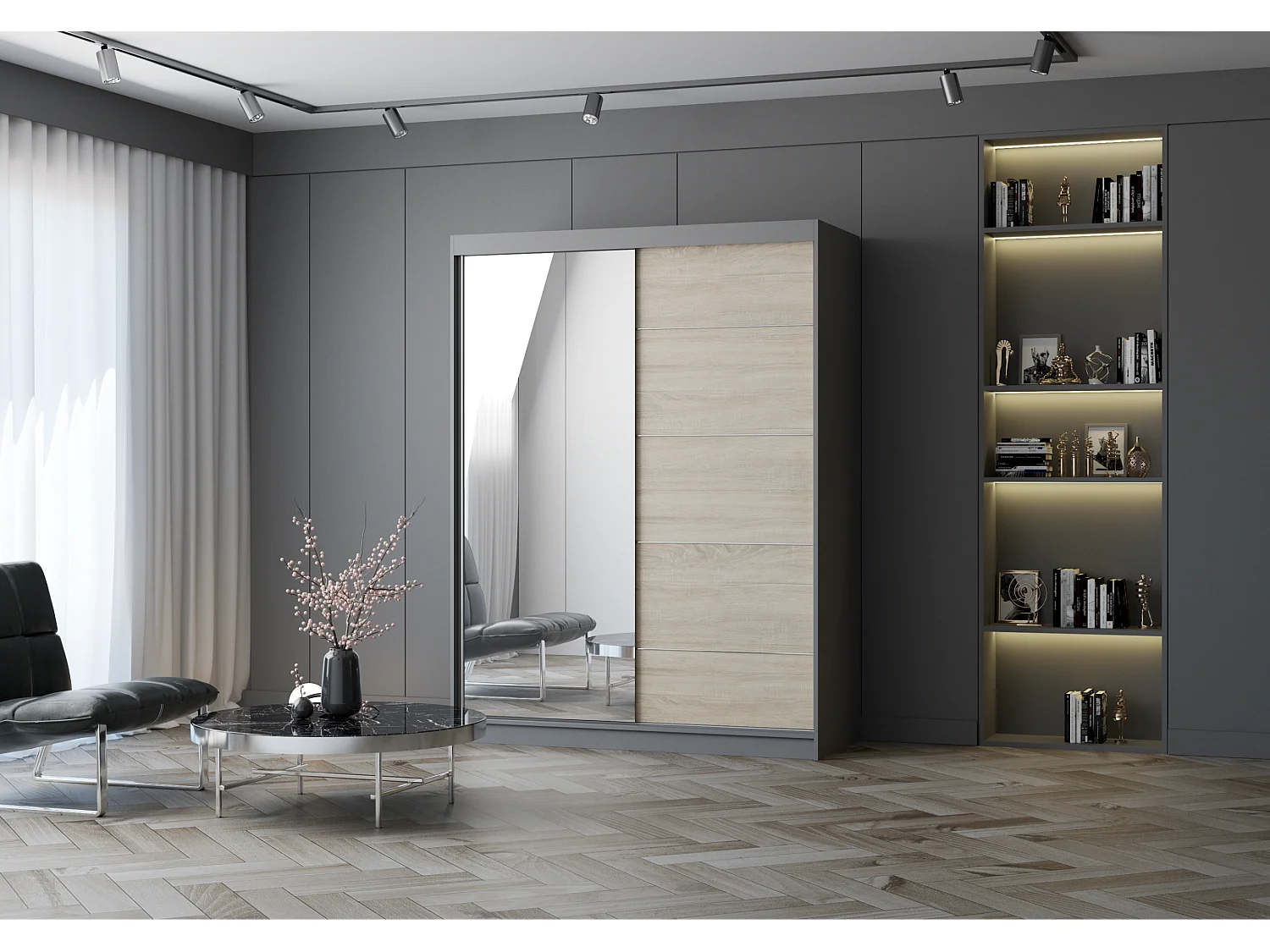 Armoire Vaiana 150 cm avec miroir - Gris - Chêne