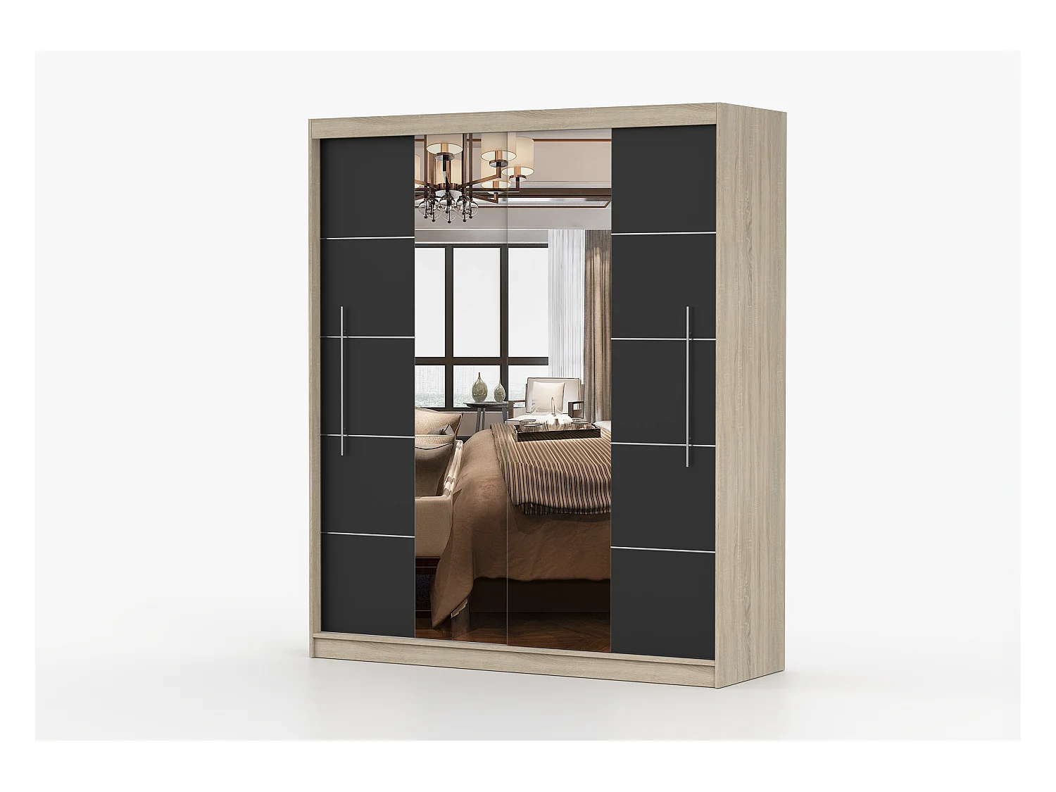 Armoire Orelia 203 cm avec miroir - Chêne - Noir