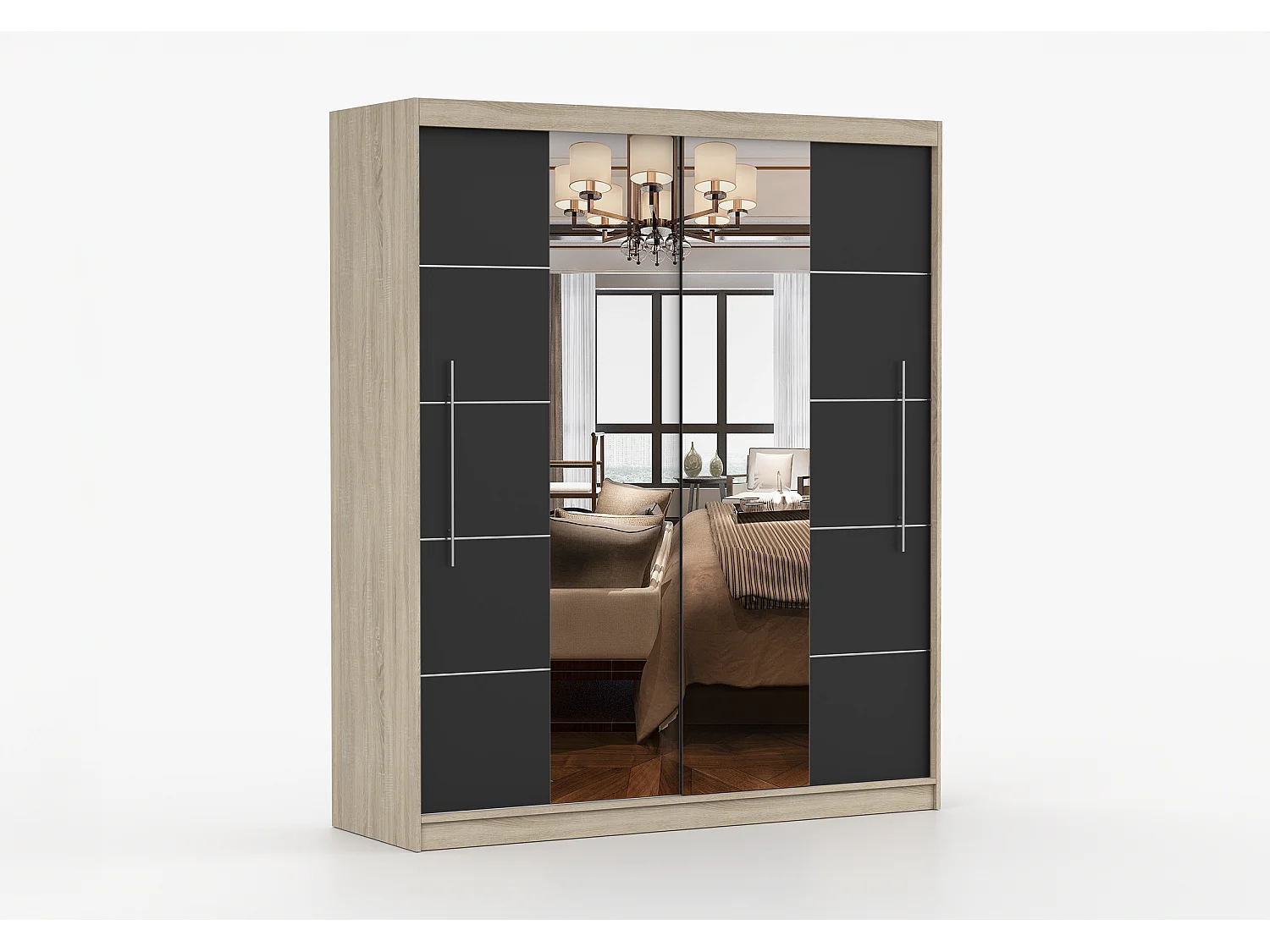 Armoire Orelia 203 cm avec miroir - Chêne - Noir