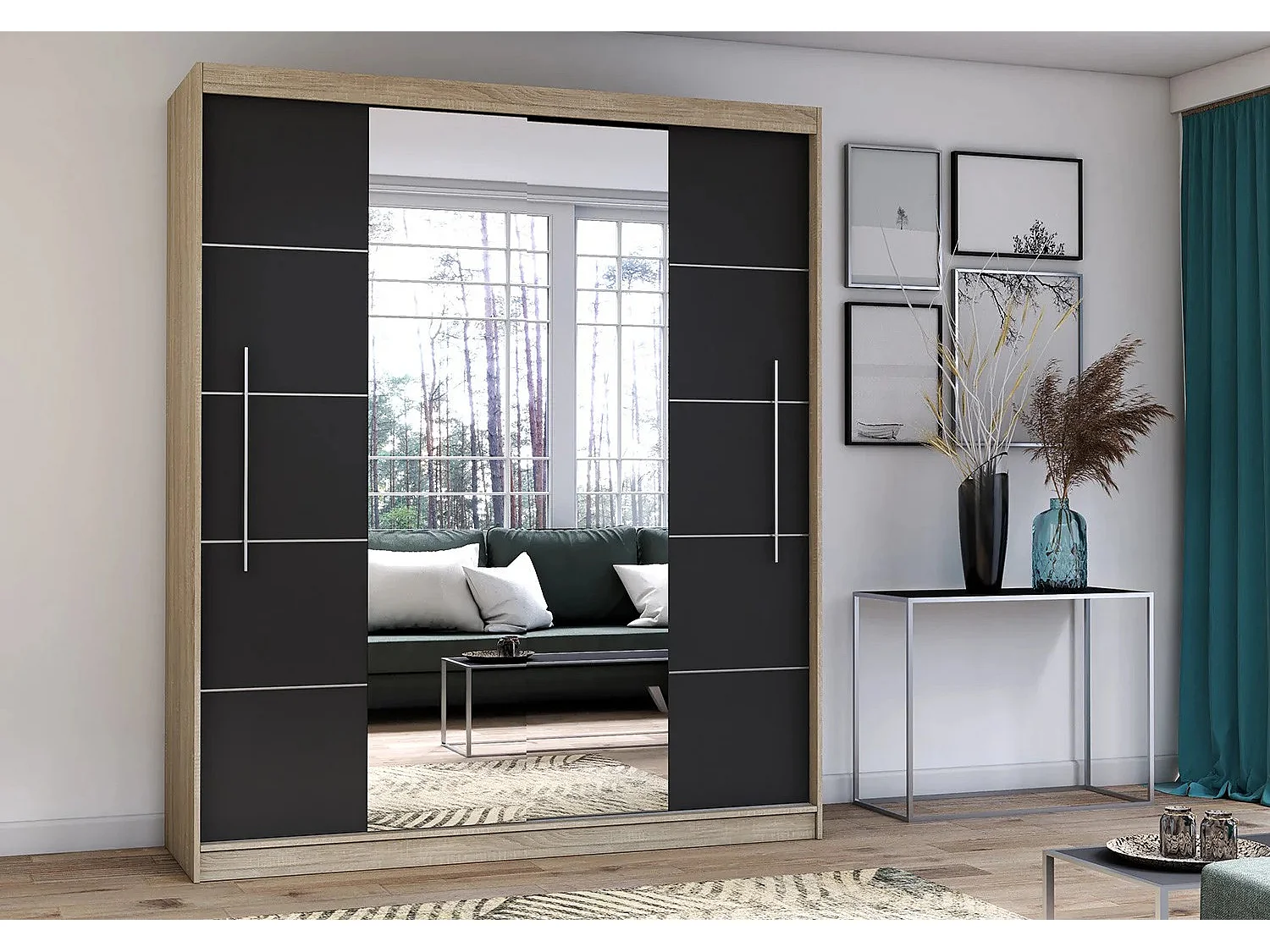 Armoire Orelia 203 cm avec miroir - Chêne - Noir