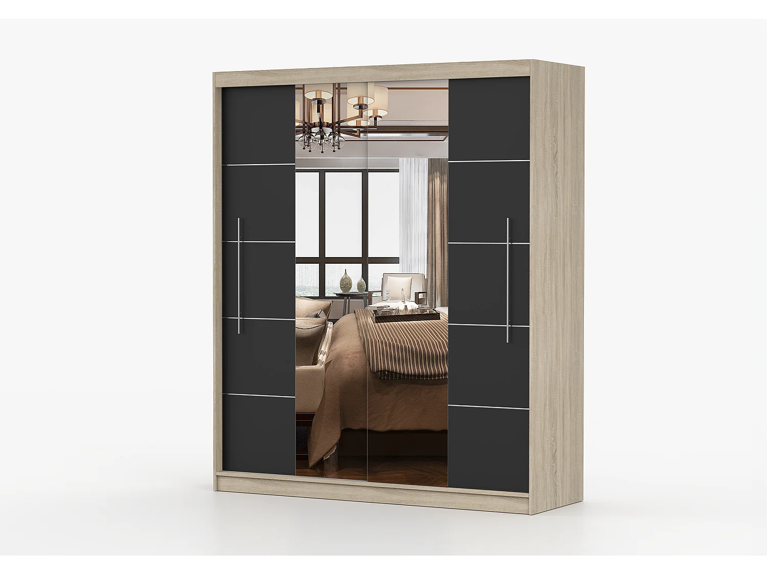 Armoire Orelia 203 cm avec miroir - Chêne - Noir