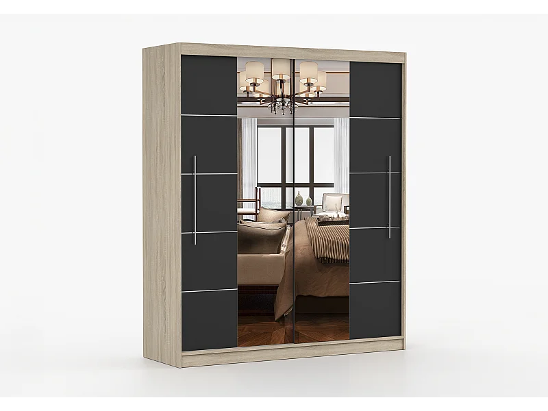 Armoire Orelia 203 cm avec miroir - Chêne - Noir