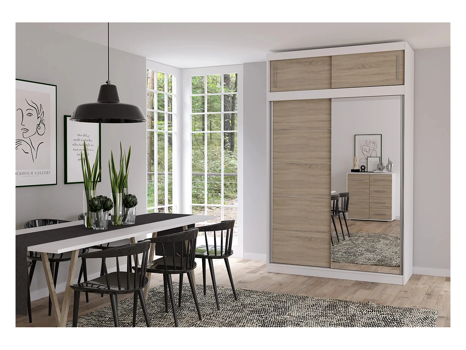 Armoire avec extension Faella 150 cm avec miroir - Blanc - Chêne