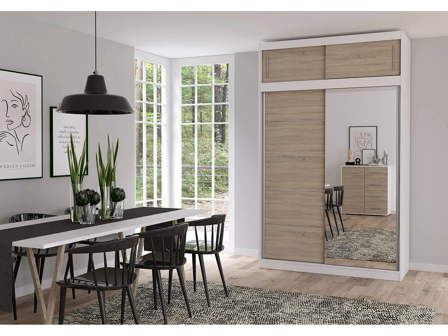 Armoire avec extension Faella 150 cm avec miroir - Blanc - Chêne