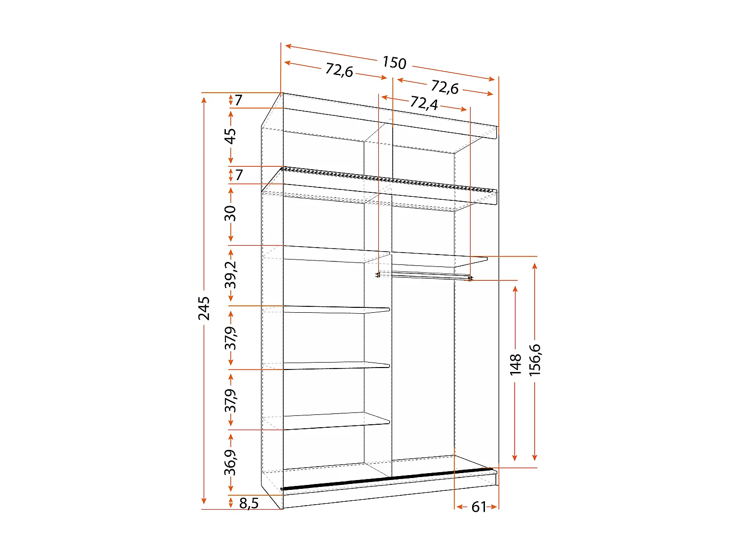 Armoire avec extension Faella 150 cm avec miroir - Blanc - Chêne