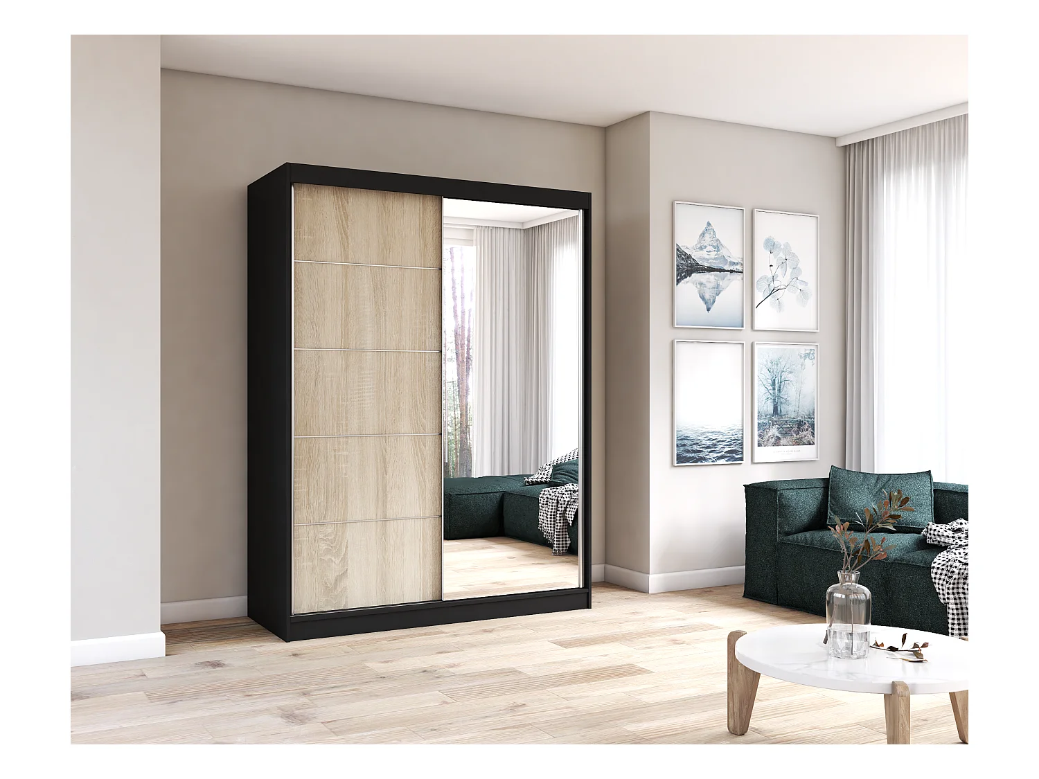 Armoire Vaiana 150 cm avec miroir - Noir - Chêne