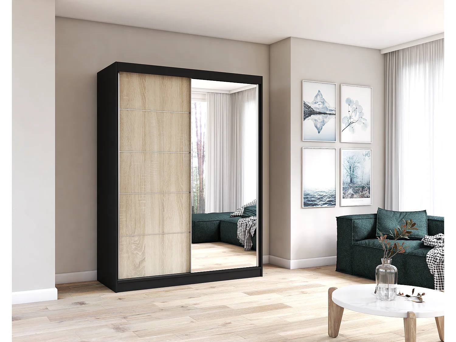 Armoire Vaiana 150 cm avec miroir - Noir - Chêne