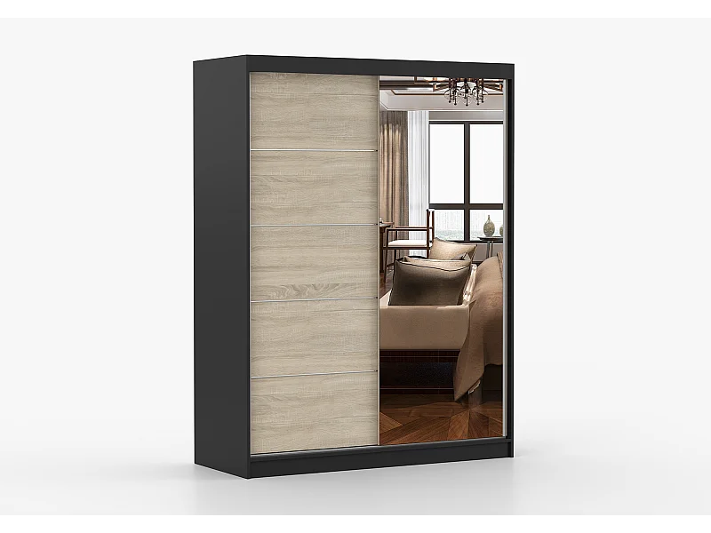 Armoire Vaiana 150 cm avec miroir - Noir - Chêne