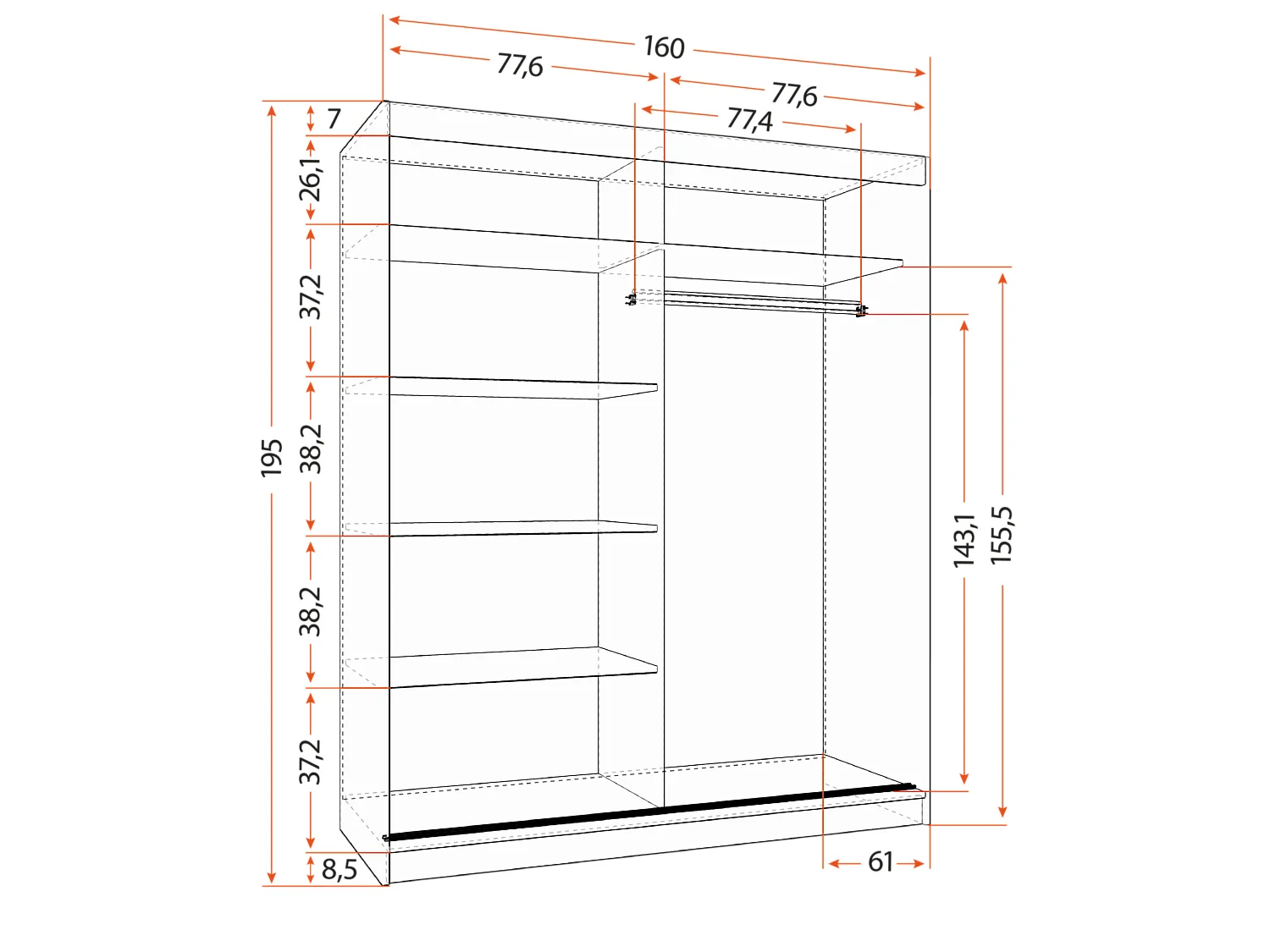 Armoire Ondine 160 cm avec miroir - Chêne