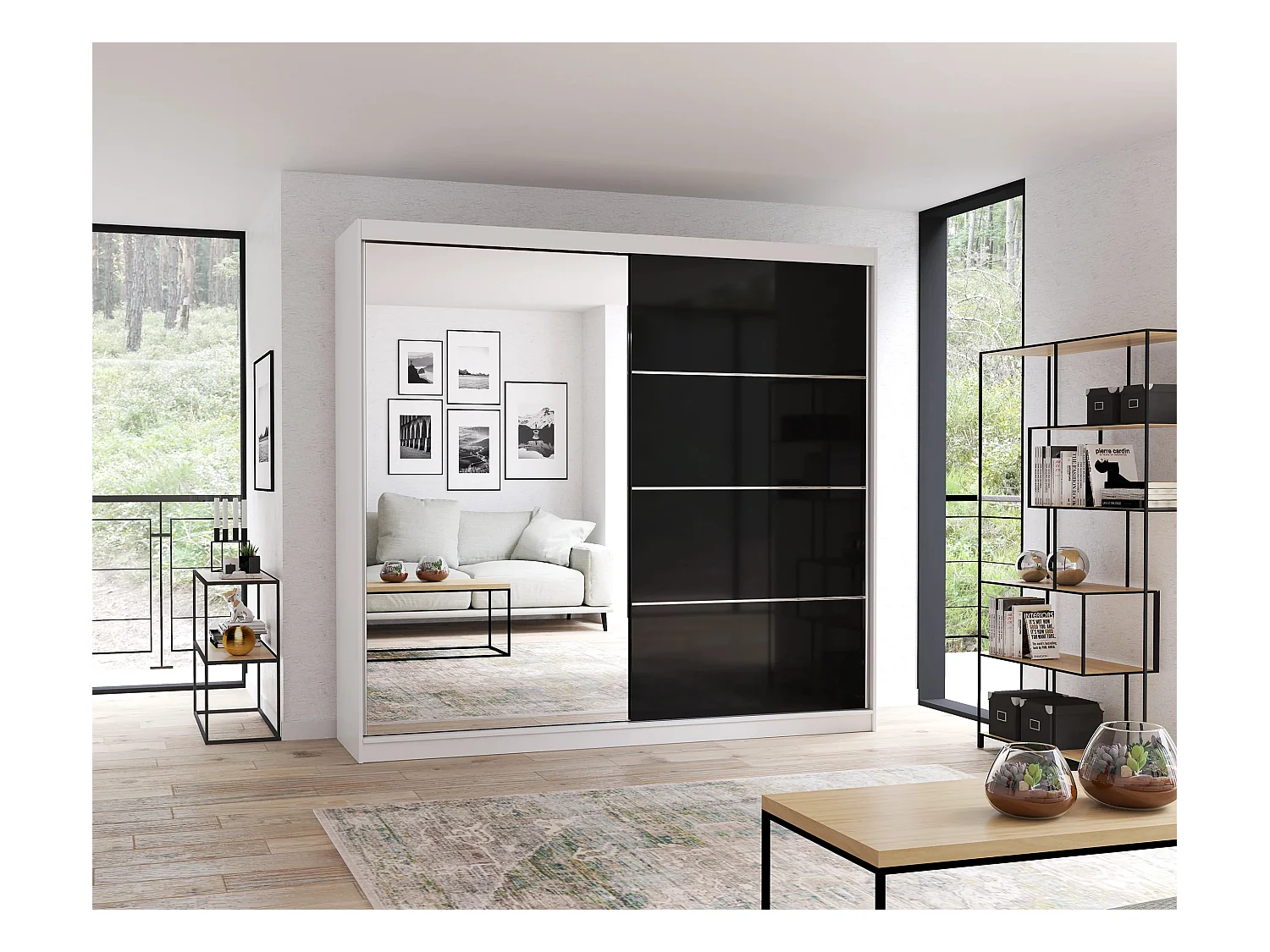 Armoire Calypso 233 cm avec miroir - Blanc - Noir