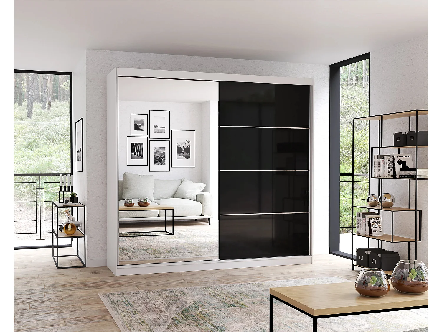 Armoire Calypso 233 cm avec miroir - Blanc - Noir